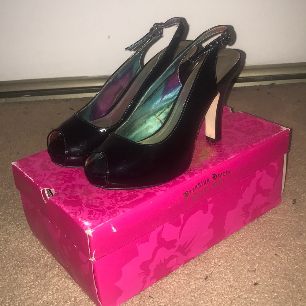 Black Patent Leather Peep Toe Slingback Heels
